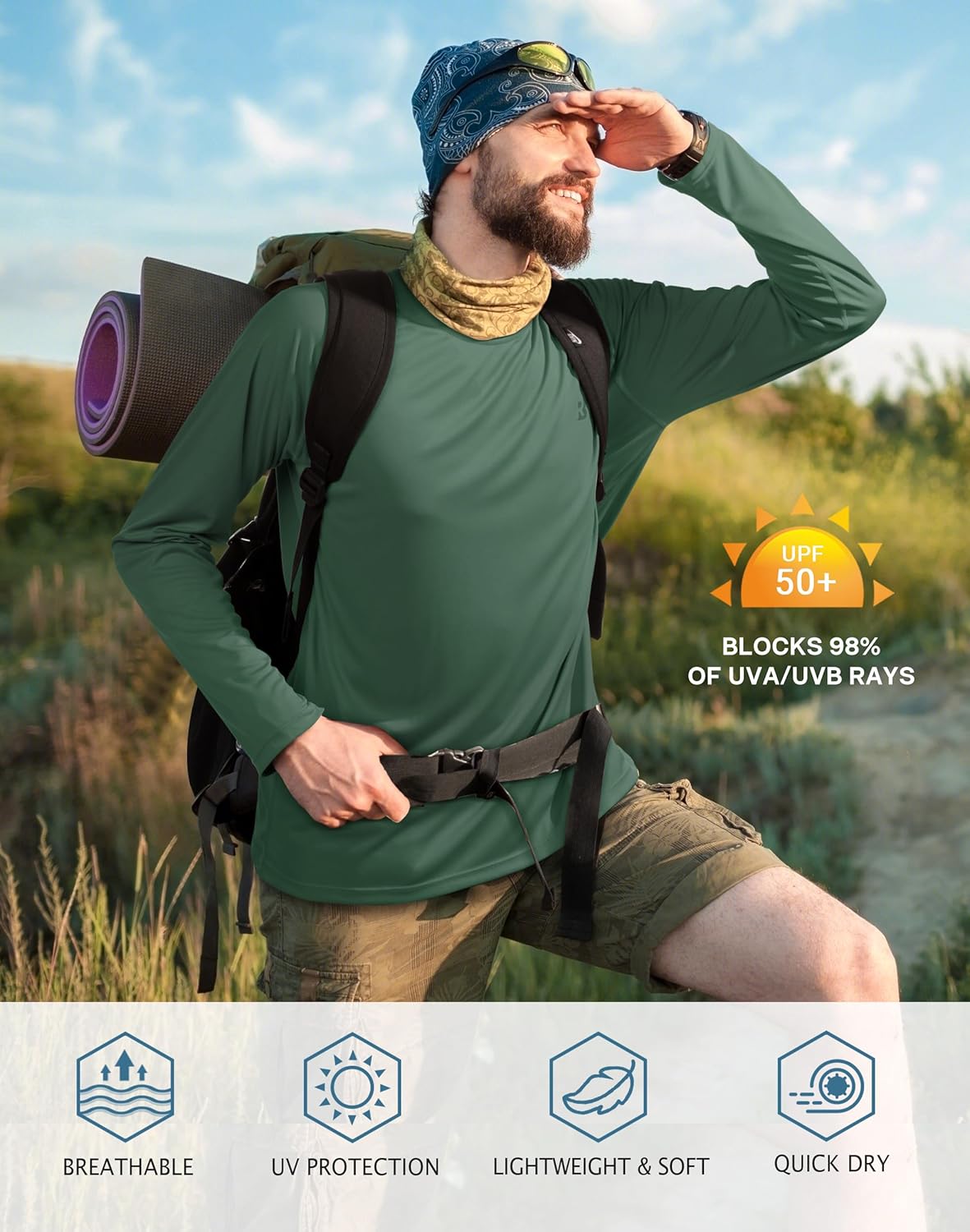 Roadbox Men's UV Sun Protection Shirt - UPF 50+ Long Sleeve Rash Guard for Fishing & Hiking
