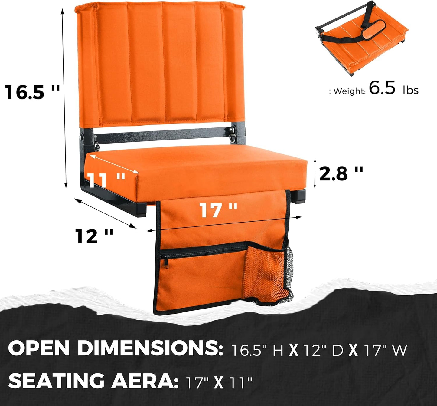 Sport Beats Stadium Seats - Comfortable Bleacher Chairs with Back Support & Cushion | Orange, 1pc Regular - 17" W x 12" D x 16.5" H