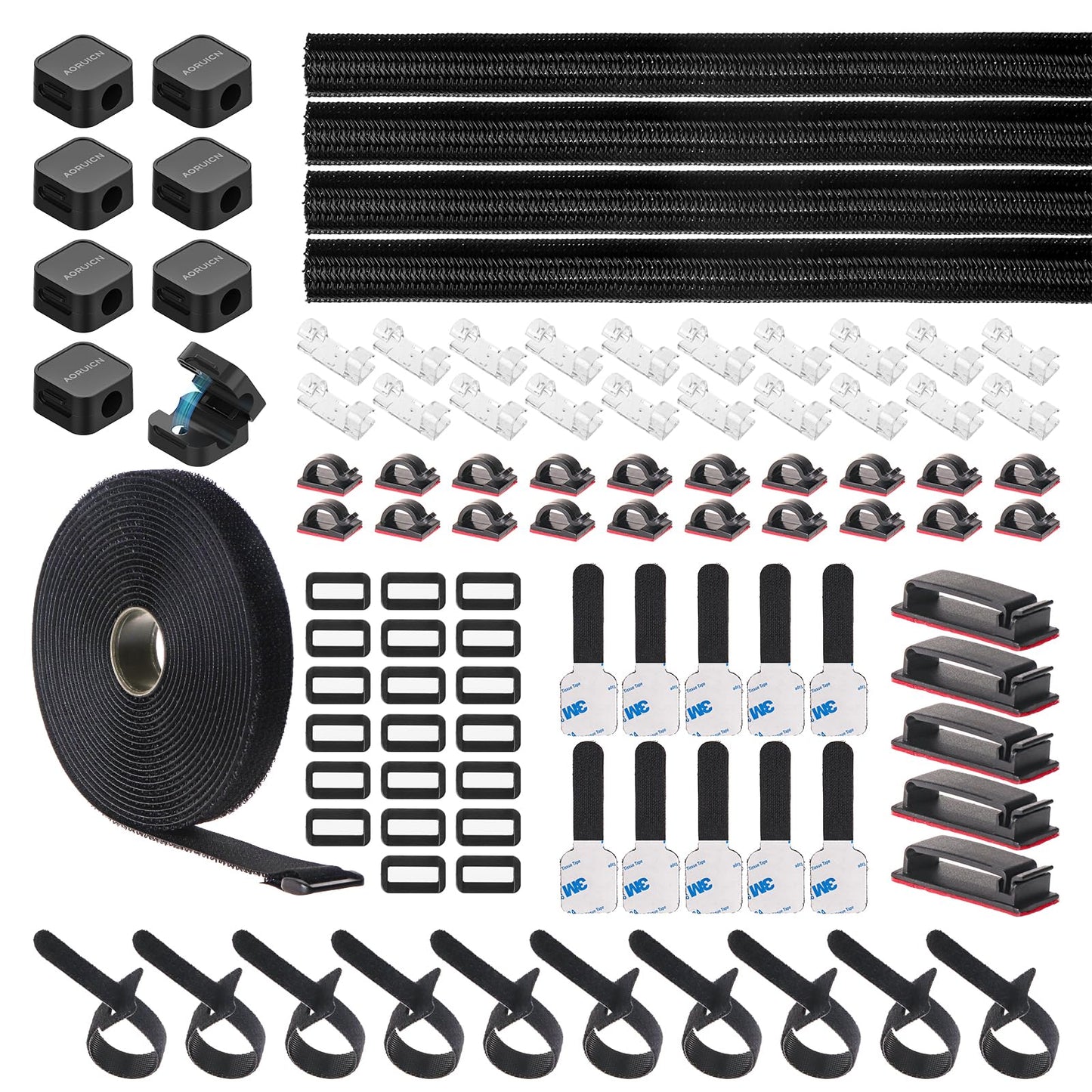 AORUICN 98 PCS Cable Management Kit, 4 Cable Sleeve, 8 Magnetic Cable Holder, 10 Self Adhesive Cord Organizer, 45 Cable Clips, 10+1 Roll Reusable Cable Ties with 20 Buckles for Computer TV Under Desk