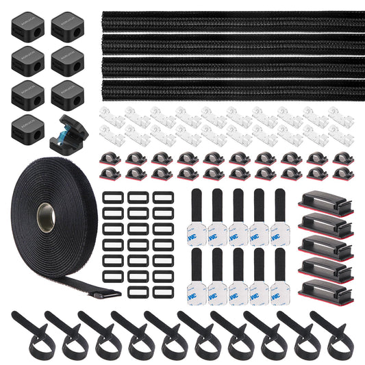 AORUICN 98 PCS Cable Management Kit, 4 Cable Sleeve, 8 Magnetic Cable Holder, 10 Self Adhesive Cord Organizer, 45 Cable Clips, 10+1 Roll Reusable Cable Ties with 20 Buckles for Computer TV Under Desk