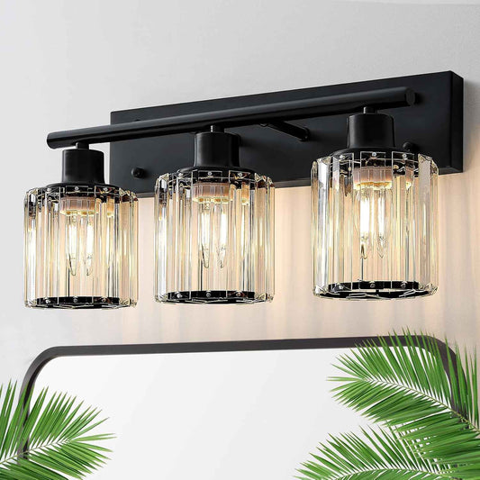 Modern 3-Light Crystal Vanity Light Fixture for Bathroom & Bedroom - Black Finish