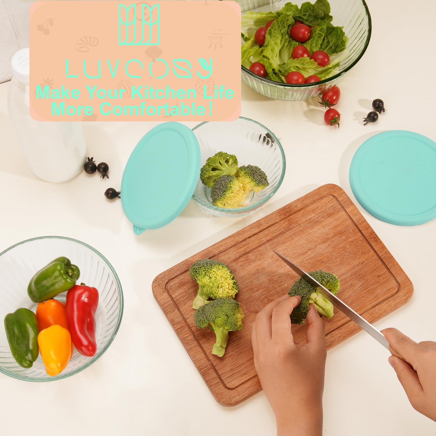 LUVCOSY Silicone Lids Only Fit for Pyrex 7401-S 3 Cup Sculpted Glass Mixing Bowls, 2 Pack Small Size Silicone Covers, Dishwasher & Microwave Safe, Green (Lids Only)