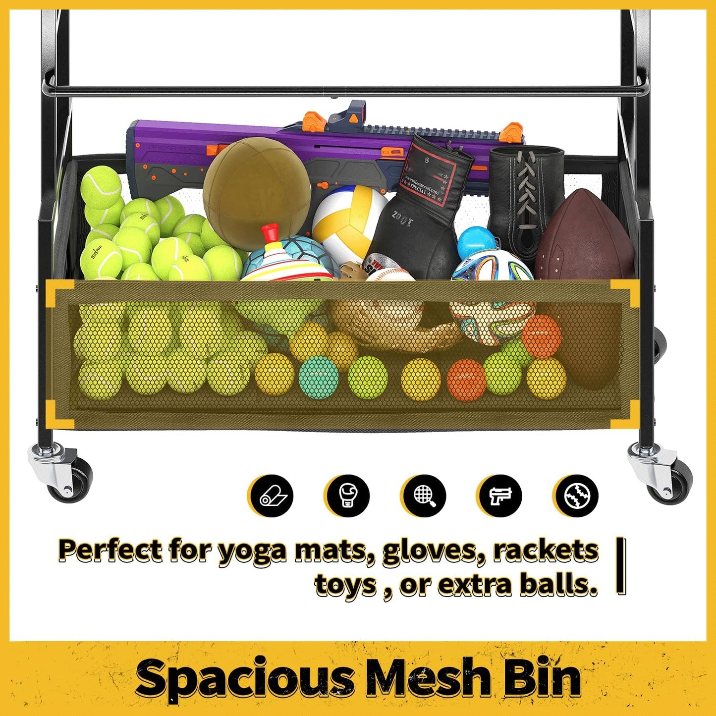 SOYEEZE Sports Equipment Organizer - 4-Tier Ball Storage Rack with Wheels & Hooks for Garage or Gym Use