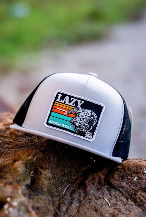 Lazy J Ranch Silver Grey & Black Dusk Sunset Retro Classic Five Panel Trucker Hat - Adjustable Unisex Country Hats, Vintage Trucker Hat