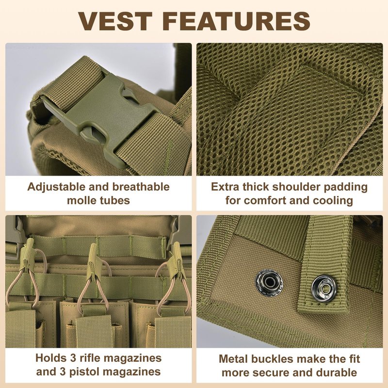 Adjustable Quick Release Tactical Vest, Molle Airsoft Vest, Lightweight Modular Airsoft with Multiple Pouches For Training (Army Green)