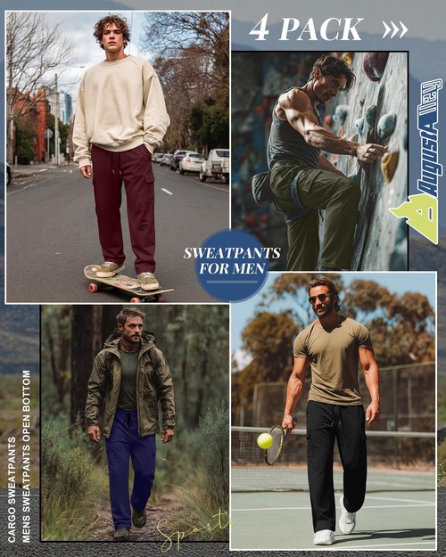 August Alley 4 Pack Men's Cargo Sweatpants Straight Leg Open Bottom Baggy Joggers Pockets Drawstring Lightweight Lounge Pants(Black, Charcoal Black, Light Mixed Gray, Navy Blue,Large)