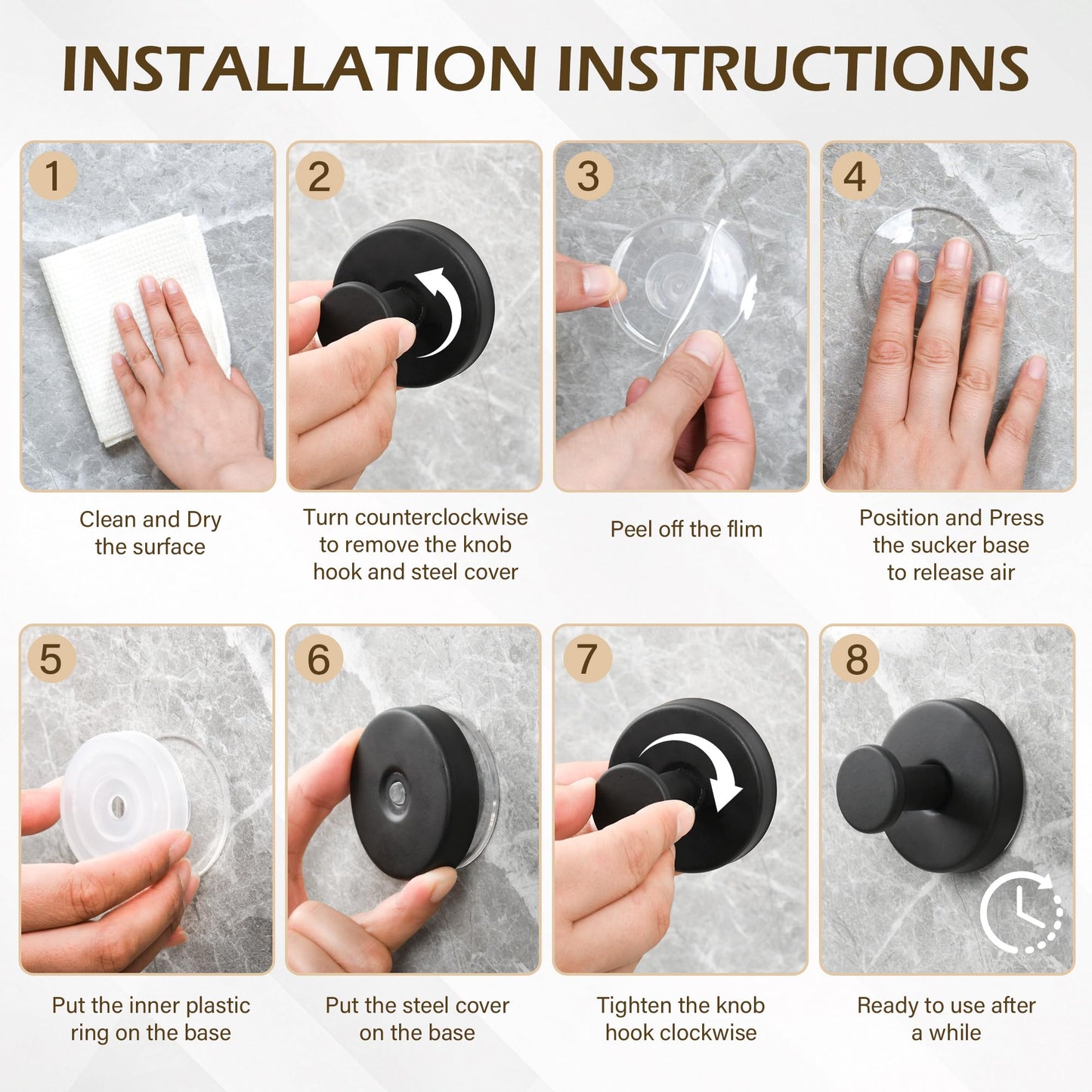 Ninth Five Shower Suction Cup Hooks, Heavy Duty Bathroom Wall Hooks for Towels, Robes, Loofahs, Removable Metal Hook for Tile Glass Mirror, No Drill(4 Pack, Black)