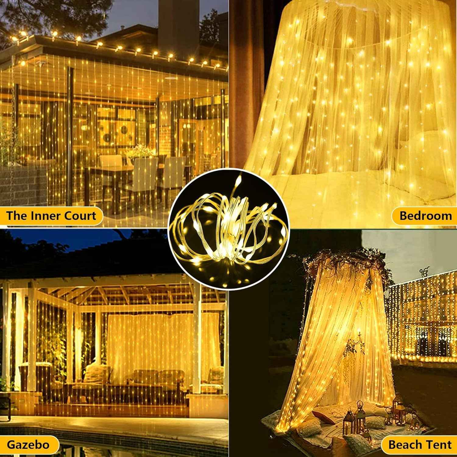 300LED Solar Curtain Lights Waterproof, 10Ft x 10Ft Twinkle Curtain String Fairy Light with Remote Control, 8 Modes, Warm White Solar Hanging Waterfall Lights for Outdoor Backdrop Gazebo Wall Xmas