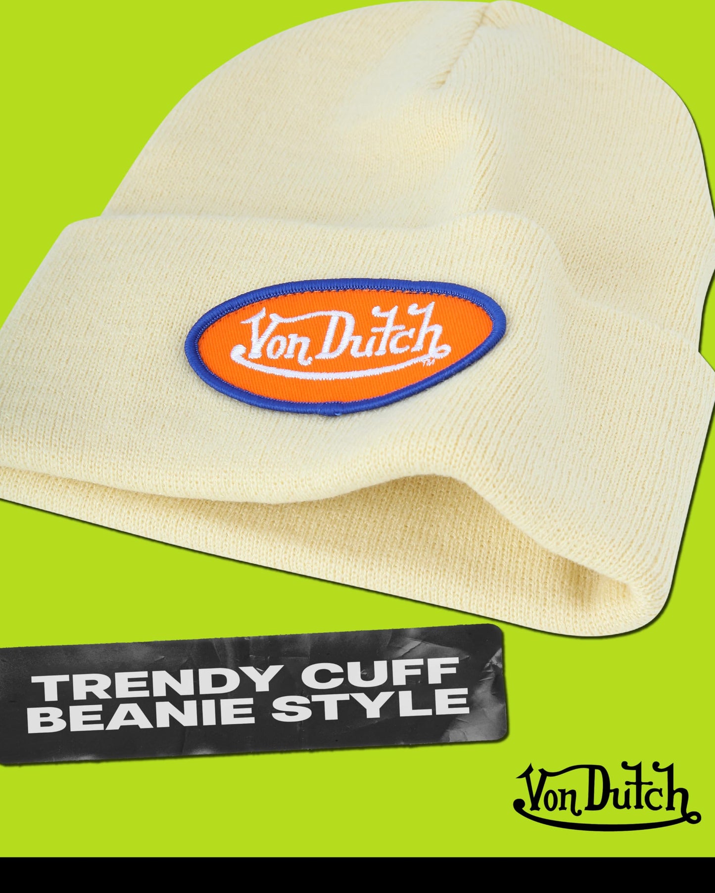 Von Dutch Womens Beanie Hat - Soft Cuffed Knitted Skull Cap Graphic Winter Beanie for Women with Embroidered Logo, Size One Size, Black Patch