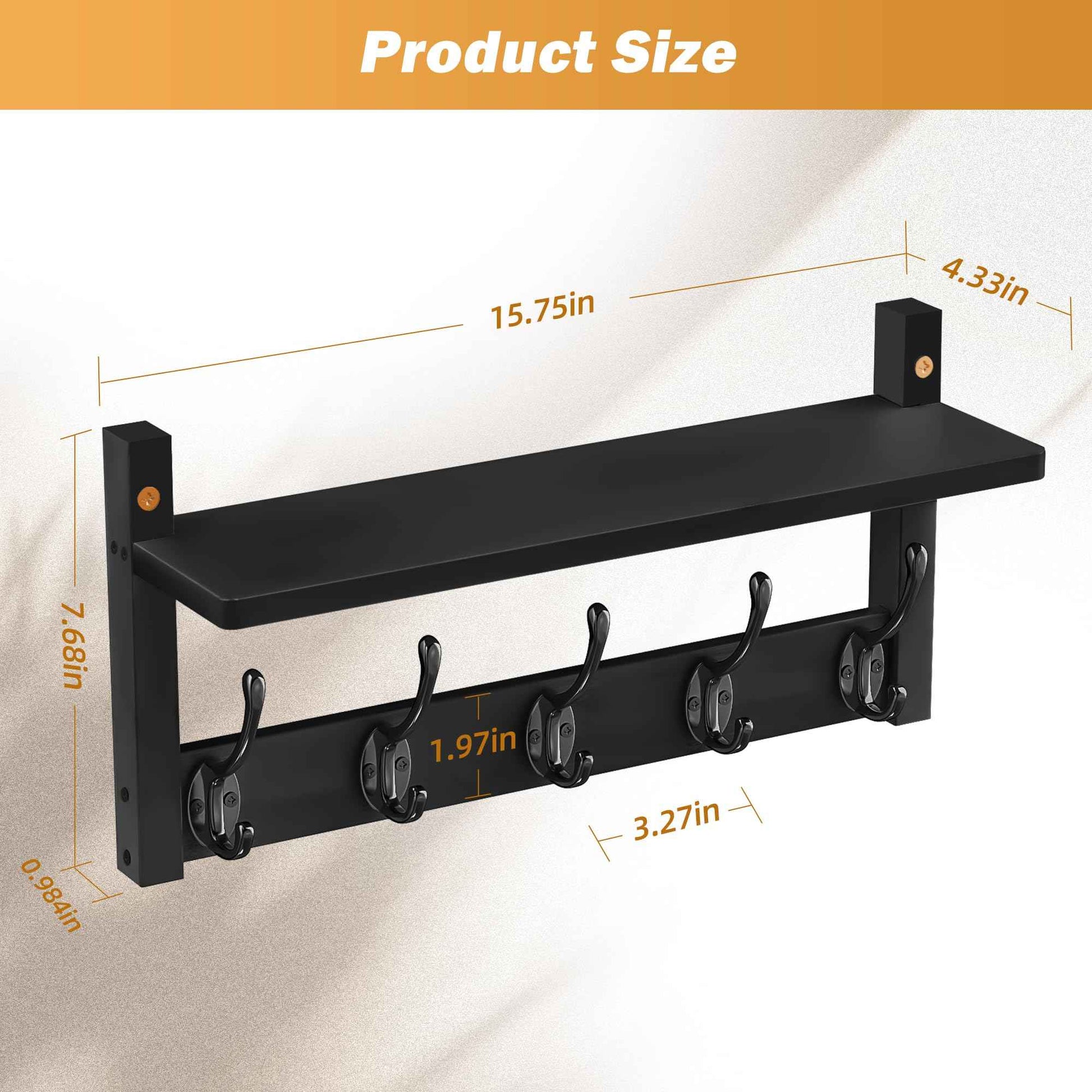 VASMIA Coat Rack Wall Mount with Shelf,Bamboo Wall Shelf with Hooks,Coat Hangers for Entryway,Bathroom, Living Room, Bedroom, Black