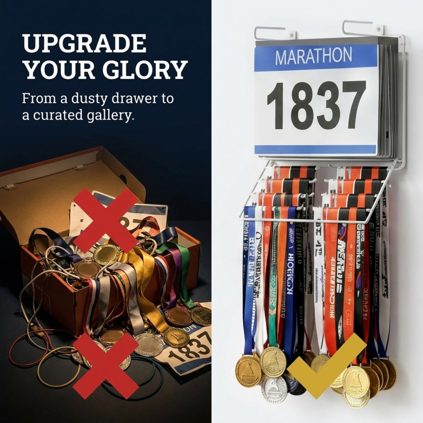 Performore 2-in-1 Wall-Mount Medal & Bib Display Rack | Metal Steel Organizer Rack with 12 Clear Bib Pockets, Hooks & Mounting Kit | Holds 40+ Medals & Bibs | Home, Gym, Sports Room