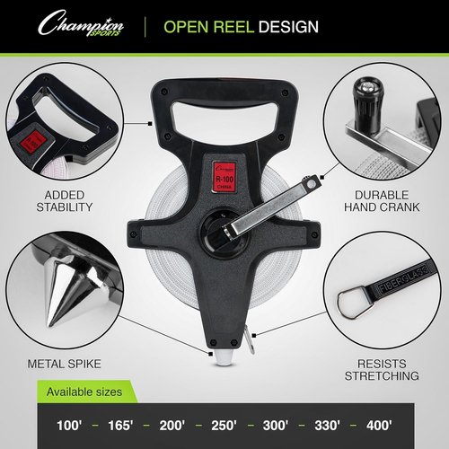 Champion Sports Open Reel Measuring Tape - Durable Hand Crank with Metal Spike & Dual-Sided Feet | 100 ft/30 Meters for Track & Field