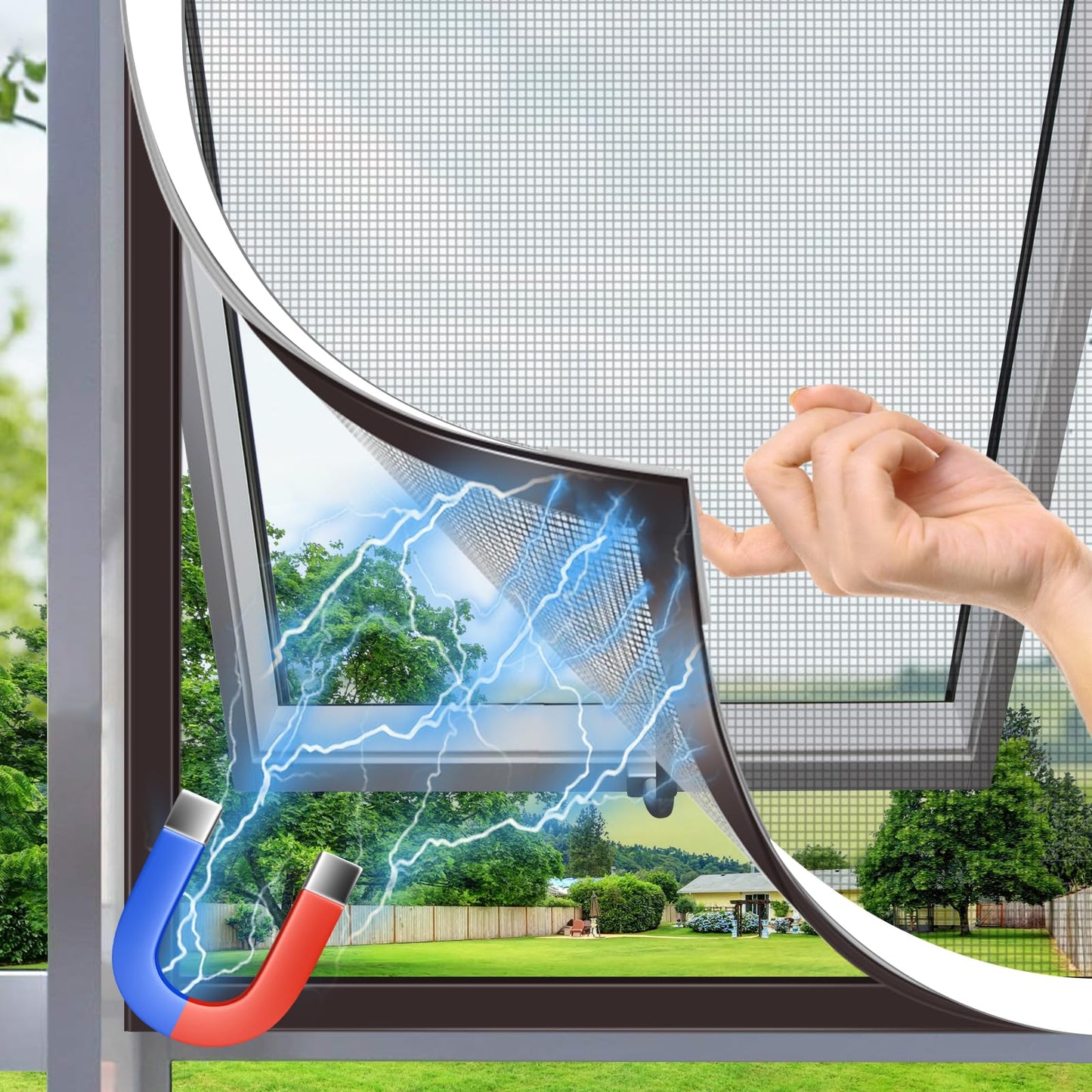 HOFUDON Window Screen Adjustable Magnetic Window Screen Replacement Max 39” x 59”, DIY Fiberglass Mesh Window Screens for House Windows White Frame Grey Mesh