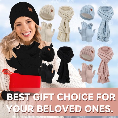OZERO Gloves Beanie Scarf For Women: Knit Fleece Lined Hat Black Beanies For Women Christmas Womens Scarf Winter Warm Womens Gloves With Touchscreen Fingers For Snow Cold Weather Running Driving