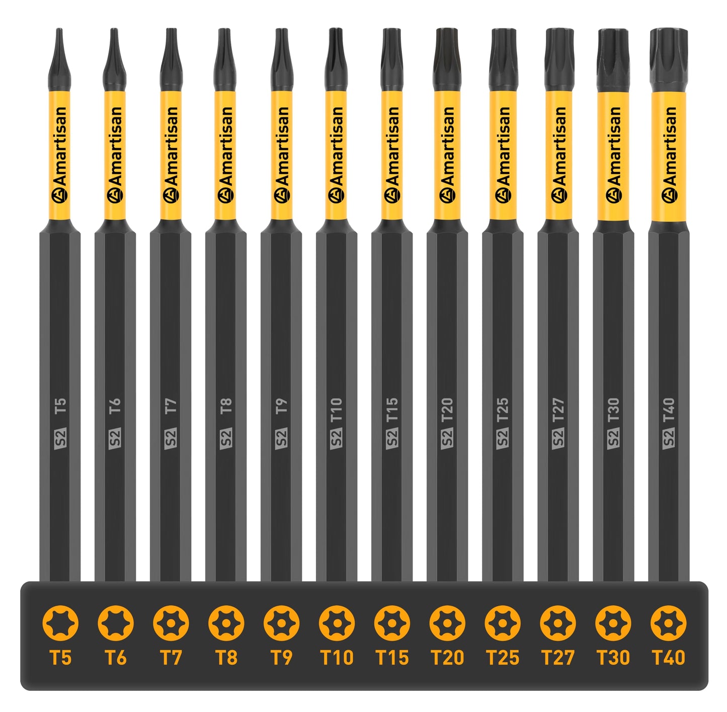 Amartisan 12-Piece Torx Bit Set, S2 Steel, 4" Long T5 - T40, Security, Tamper Resistant Fastener Drive Bit