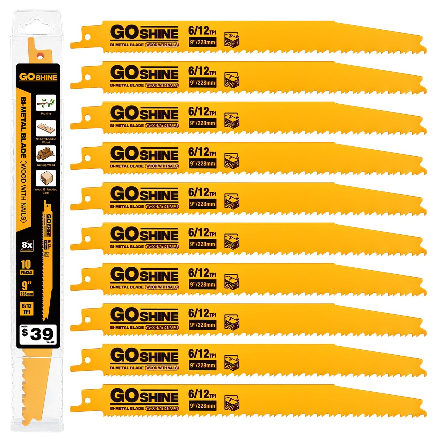 10 Pack 9 Inch 6/12 TPI Reciprocating Saw Blades for Nail-Embedded Wood,Bi-Metal Blades for Cutting Stud and Nail PVC Pallets etc
