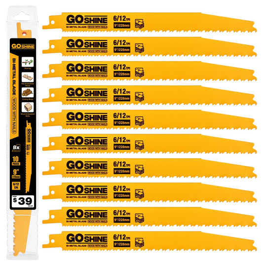 10 Pack 9 Inch 6/12 TPI Reciprocating Saw Blades for Nail-Embedded Wood,Bi-Metal Blades for Cutting Stud and Nail PVC Pallets etc