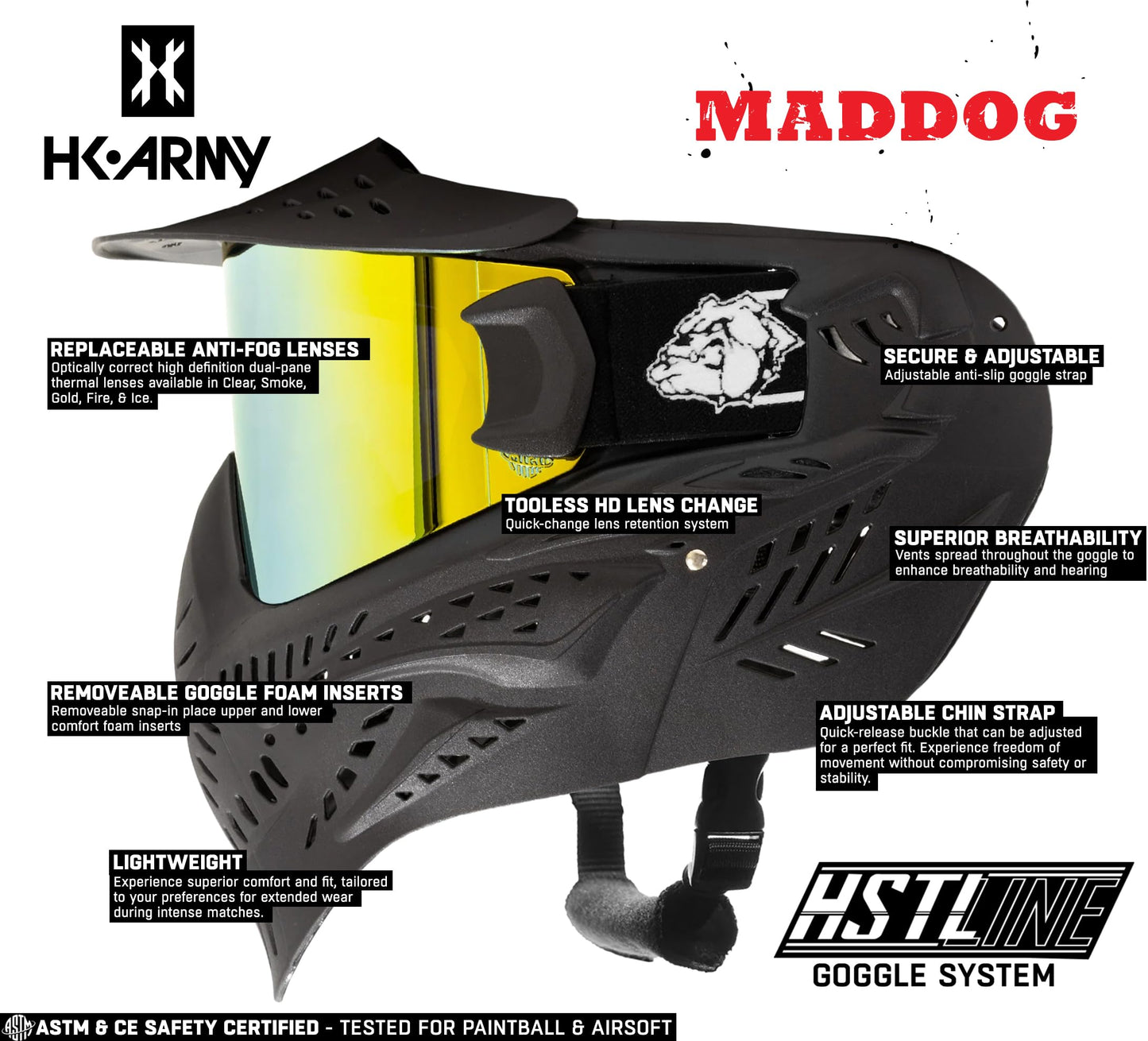 Maddog HK Army HSTL Paintball Airsoft Mask Goggle System | Replaceable Thermal Dual-Pane Anti Fog Lens | Adjustable Full-Face Safety Certified Protection - Black with Gold Lens