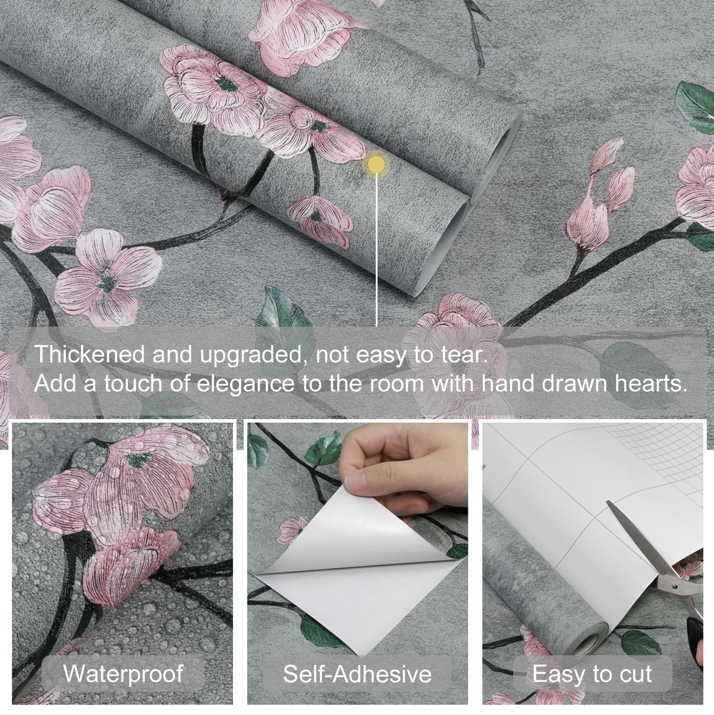 SOON AFTER 17.5"x120" Floral Peel and Stick Wallpaper Flower Tree Contact Paper Self Adhesive Removable Modern Grey Wall Paper Decorative Wall Covering Countertop Vinyl Film Roll