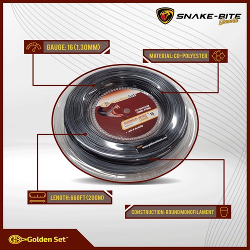 Golden Set Snake-Bite Smooth 16g (1.25mm), Reel (660ft/200m), Polyester Tennis String (Black)