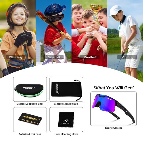 FEISEDY Kids Teens Baseball Polarized Sunglasses Sports Cycling Glasses for Youth Boys Girls Age 8-16 B0157