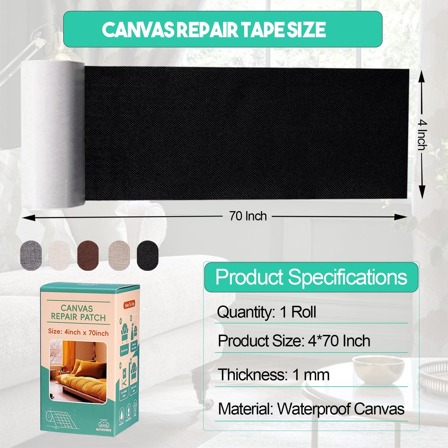 Autrends Canvas Repair Tape,Fabric Repair Patch,4×70 Inches,Outdoor Gear Patch, Waterproof,Self-Adhesive for Repairing Boat Covers,Tents,Sofas,Patio Umbrellas,Lounge Chairs,Awnings Grey