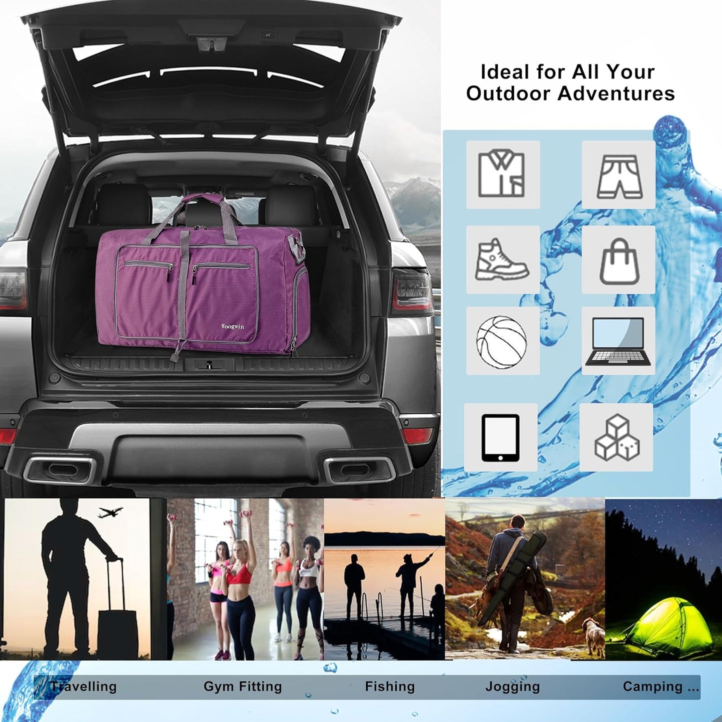 Woogwin Travel Duffel Bag - Large Waterproof & Foldable Overnight Bag for Gym, Beach, and Sports