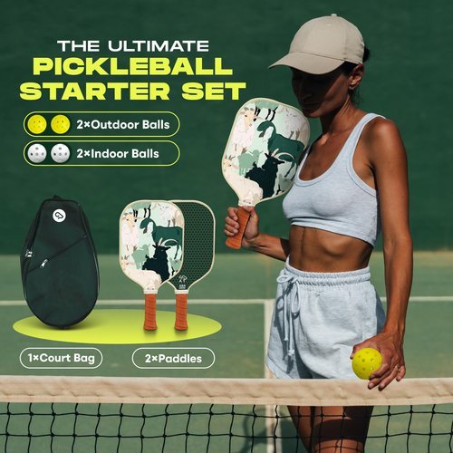 Goat Pickleball Paddles Set of 2, Includes 4 Indoor Outdoor Balls and Travel Bag, Lightweight Durable Fiberglass Pickleball Rackets Set for Men, Women, Beginners (Green)