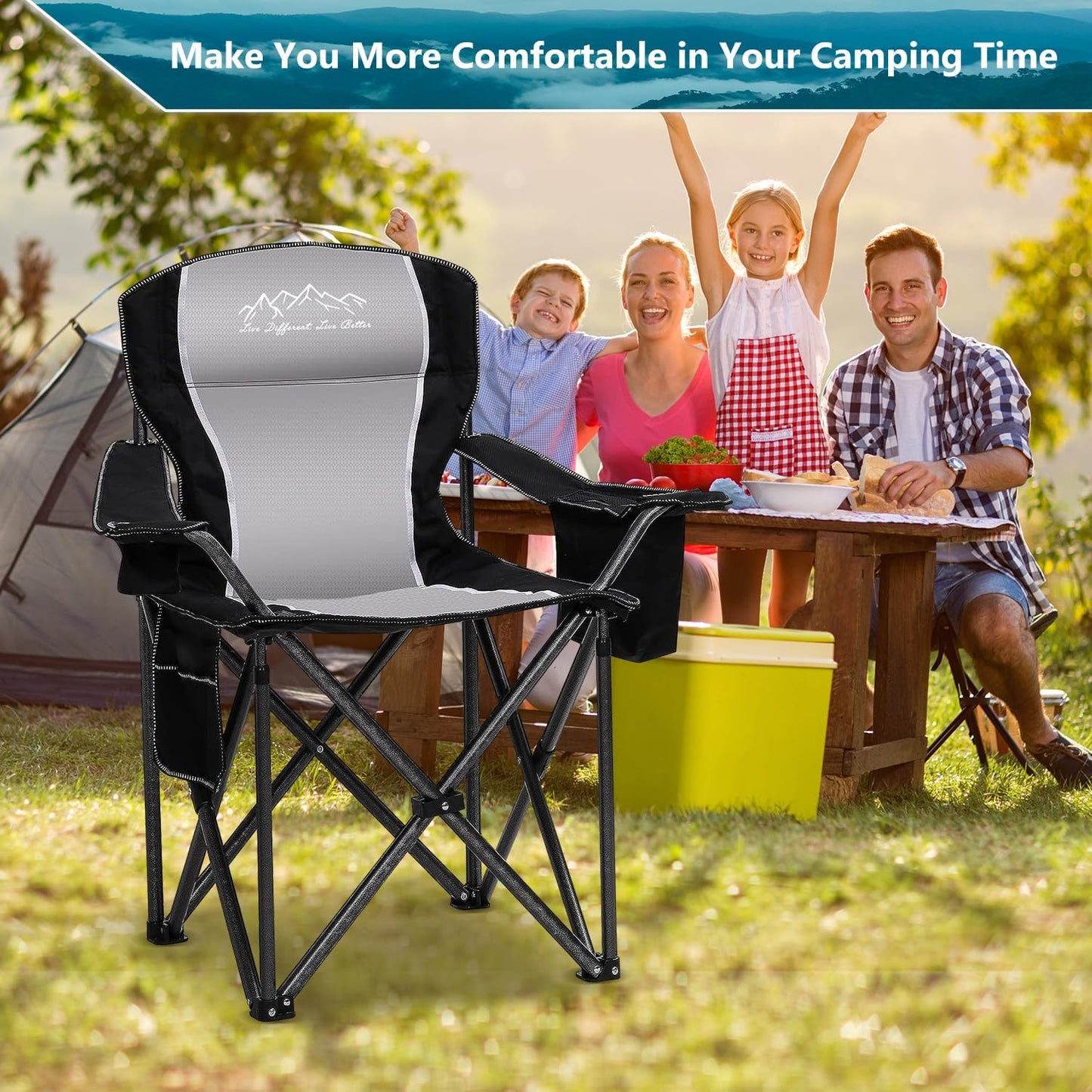 Skiennix Folding Camping Chairs - Heavy Duty Portable Lawn Chairs with Cooler Bag & Cup Holder | Supports 450lbs, Black - 2PCS Set