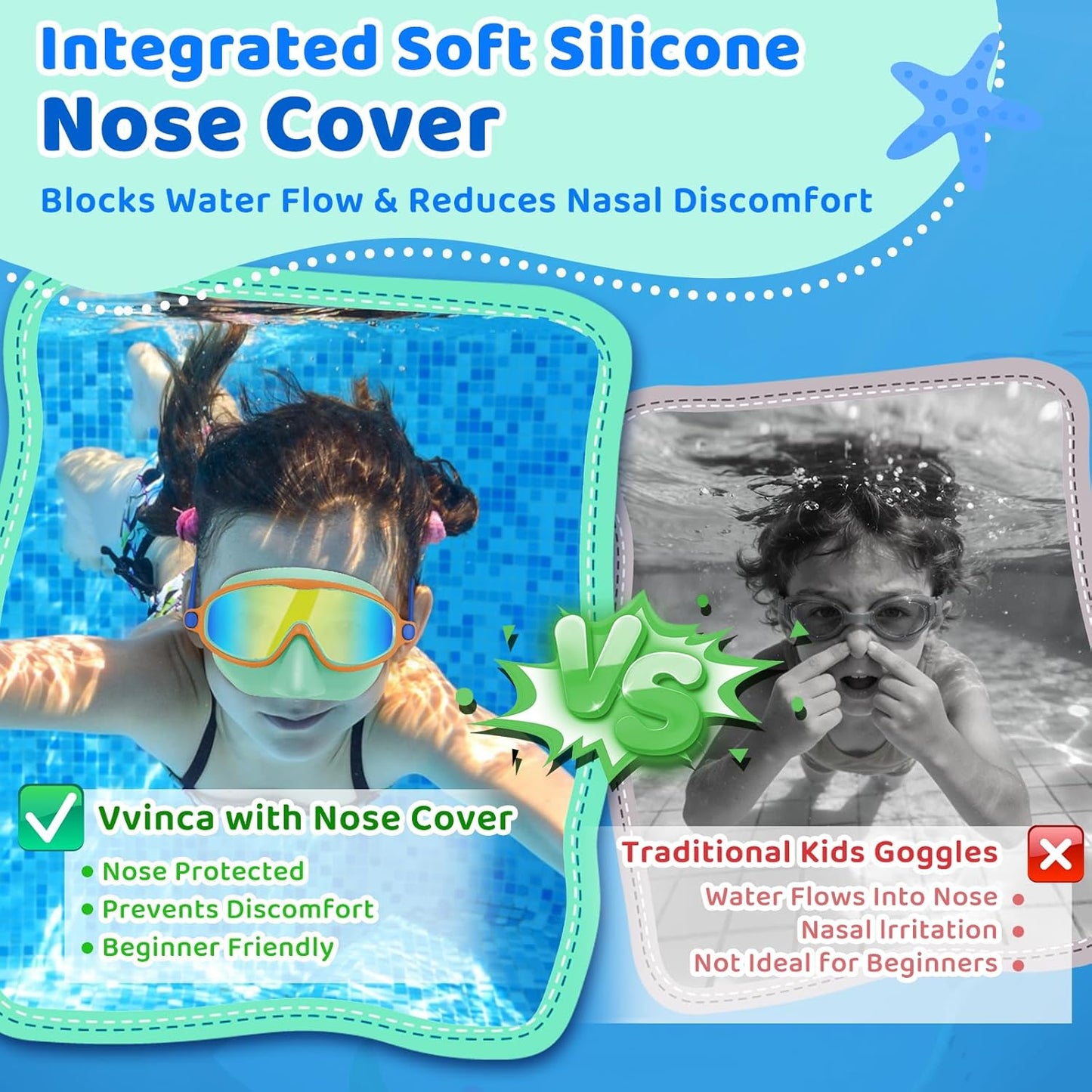 Vvinca Kids Swim Goggles - Anti-Fog UV Protection with Nose Cover | 2 Pack for Ages 3-14
