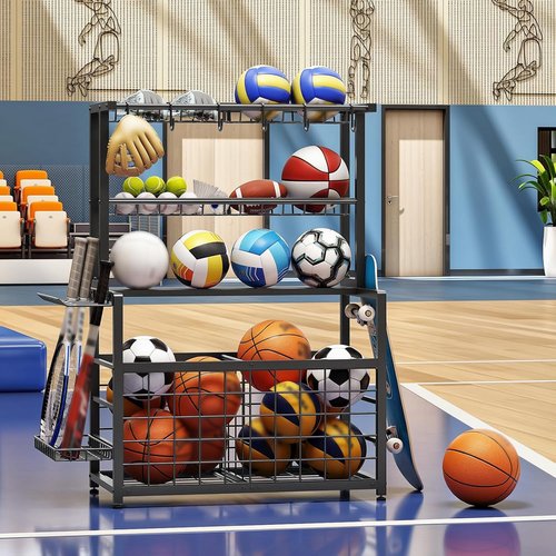 HOOBRO Ball Storage Rack - Heavy Duty Sports Equipment Organizer with Basket & Hooks | Black