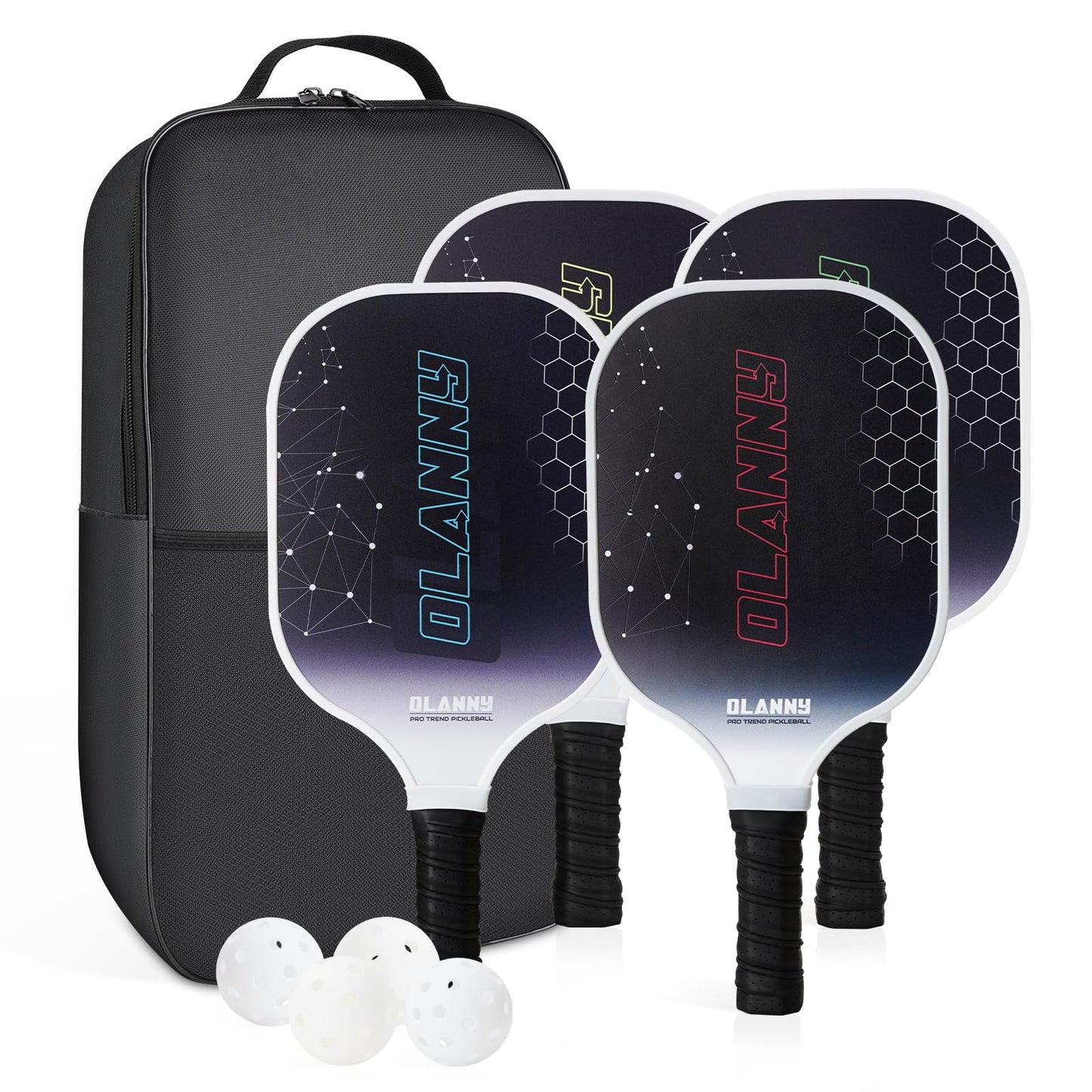 OLANNY Pickleball Paddles - Premium Rackets Face & Polymer Honeycomb Core Includes 4 Pickleball Paddles+ 2 Indoor Balls+ 2 Outdoor Balls+ 1 Portable Carry Bag