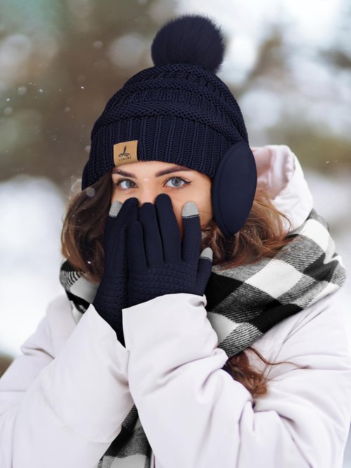 Winter Scarf Hat Earmuffs Gloves, Navy Blue Ear Warmer Knitted Beanie Touch Screen Gloves Check Warm Scarf for Women Winter