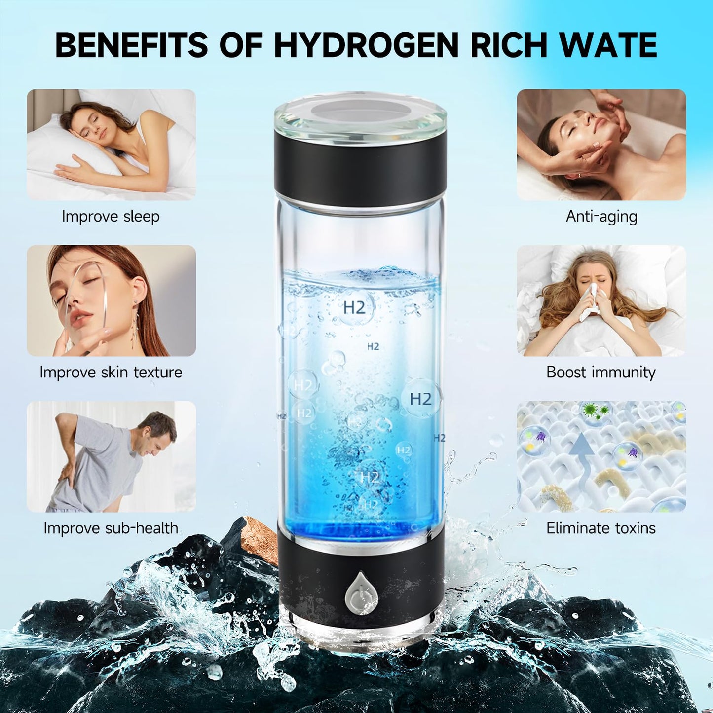 Hydrohealth Hydroh Hydrogen Water Bottle Generator, Portable and Rechargeable Hydro Health Hydrogen Water Bottle Glass with SPE Pem Technology,3 Min 4100 PPB Pure Hydrogen Rich Concentration