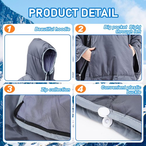 Preboun 2 Pcs Thermal Poncho Wearable Hooded Blanket Winter Poncho Wearable Sleeping Bag Water Resistant Windproof for Men Women (Black, Dark Grey)