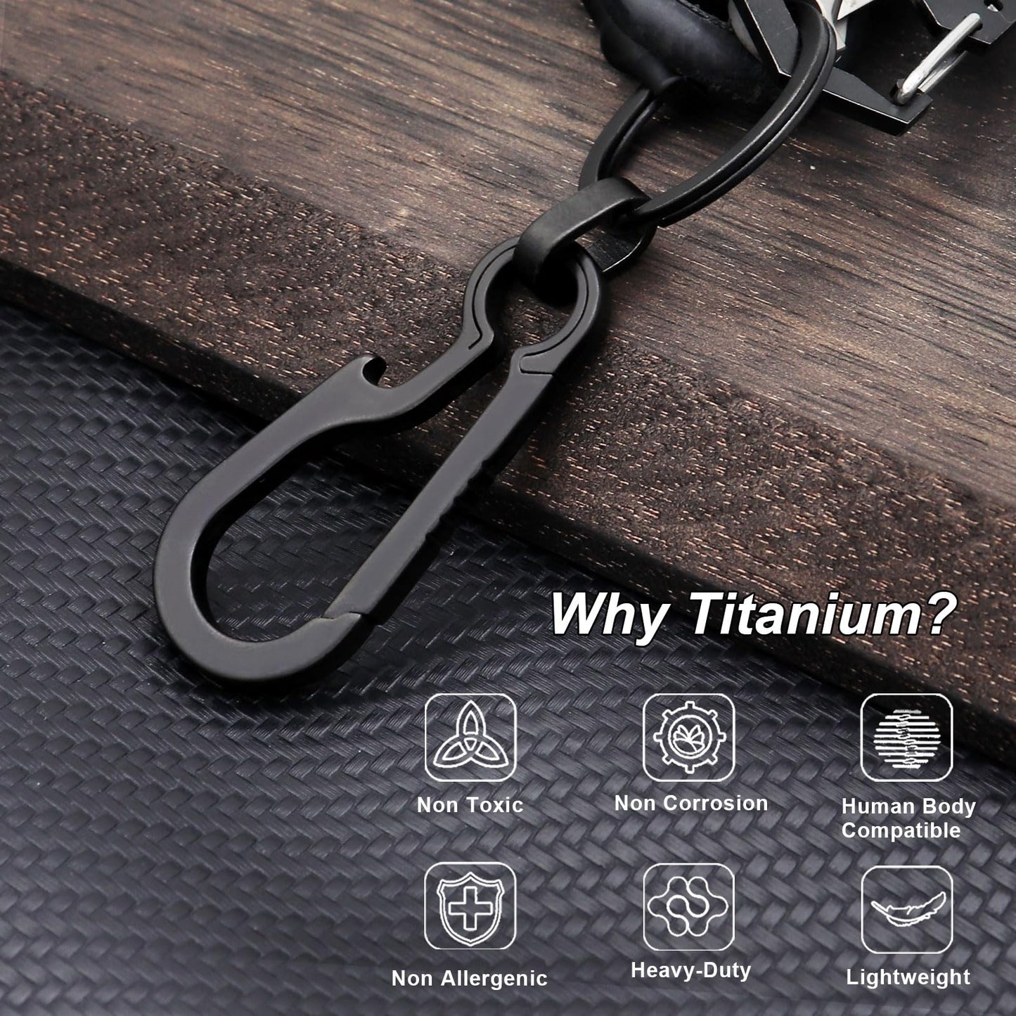 PJYTAC Titanium Carabiner for Keys Small Backpack Clip Black Heavy Duty Keychain Clips Anti-Lost Quick Release Key Chain Bottle Opener