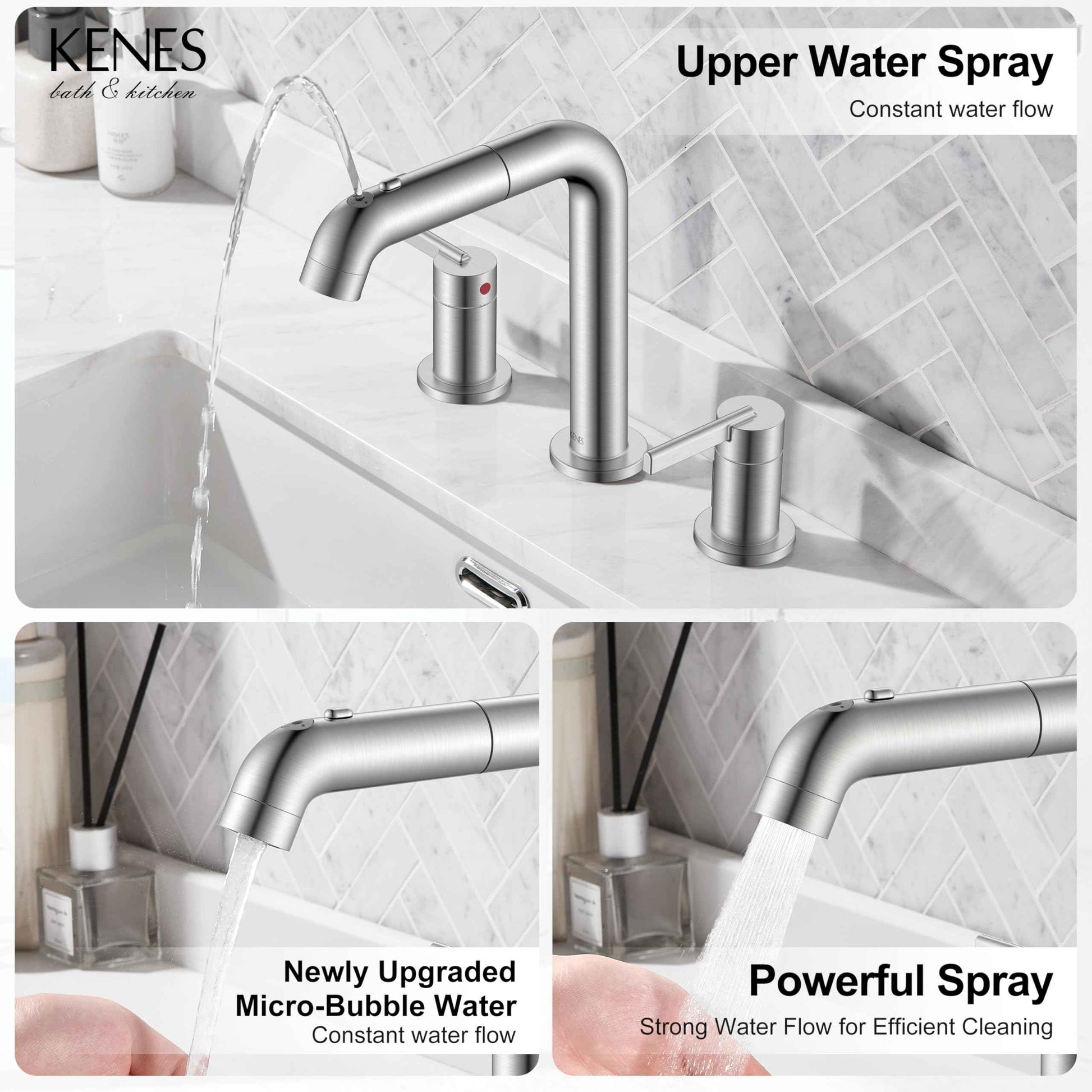 KENES Widespread Bathroom Faucet with Sprayer, Brushed Nickel Bathroom Sink Faucet with Pull Down Sprayer, 8 Inch 3 Hole Pull Out Bathroom Faucet with Pop Up Drain & Supply Lines LJ-9058A
