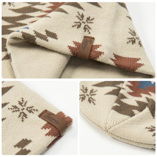 SPSKY Unisex Winter Knit Beanie, Warm Geometric Pattern Snowflake Hat, Soft Stretch Skull Cap for Outdoor Cold Weather Beige