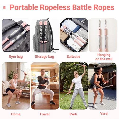 Adjustable Ropeless Battle Ropes for Home Gym-Cordless Training Rope Fitness Equipment for Men & Women,Portable Arm Exerciser Rope for Strength Building, HIIT and Low-Impact Aerobic Training (Pink)