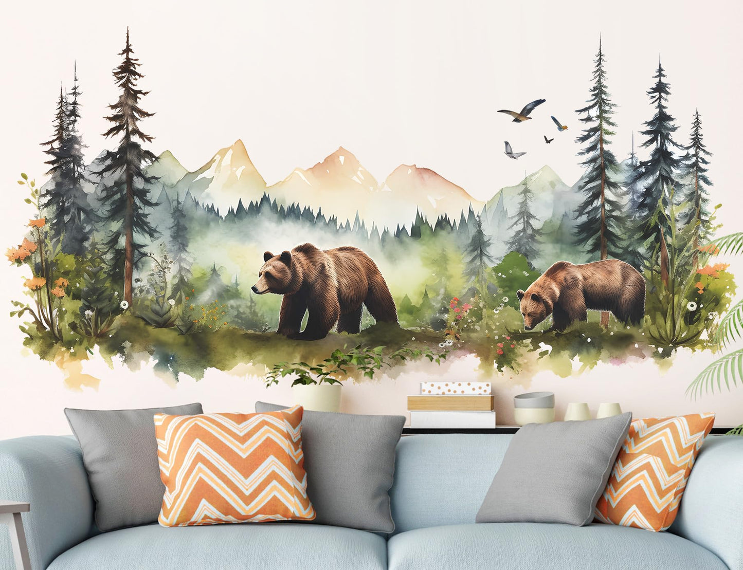 RAINBOW WSK Large Jungle Animals Wall Decals Forest Tree Wall Decal Peel and Stick Woodland Bear Fox Deer Wall Stickers Giant Mountain Art for Bedroom Nursery Room FX-C432