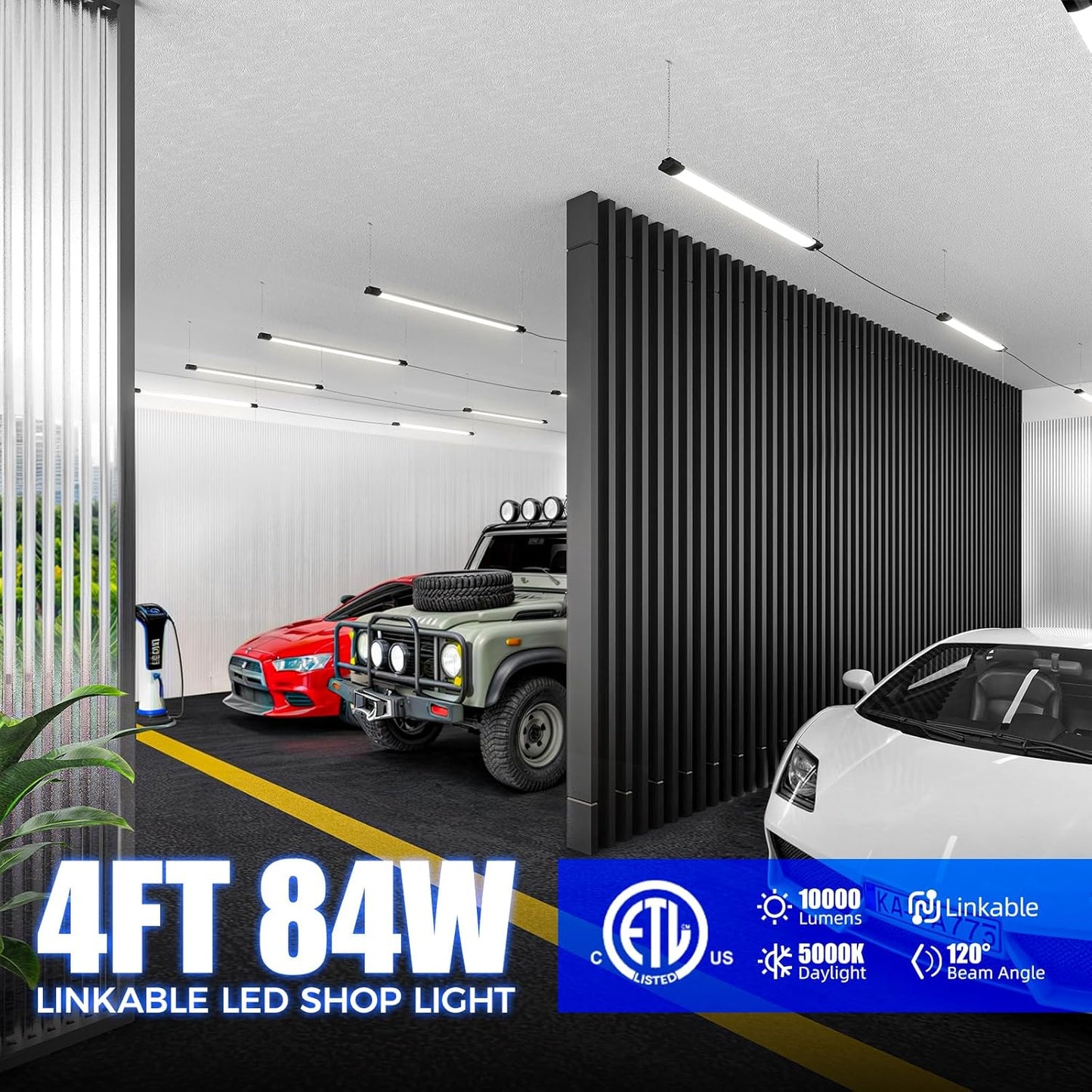 Barrina 10000LM LED Shop Light Fixture - 4FT, 84W, 5000K, Linkable, ETL Approved for Garage & Workshop