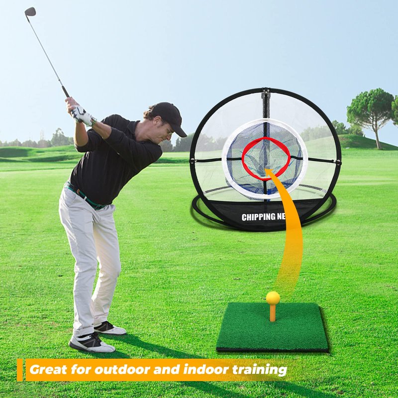 Pop Up Golf Chipping Net with Hitting Mat, Golf Target Chipping Net Collapsible 8 Practice Balls 4 Tees Rubber Tee Holder Fixed Tools for Indoor Outdoor Swing (Net+Mat)
