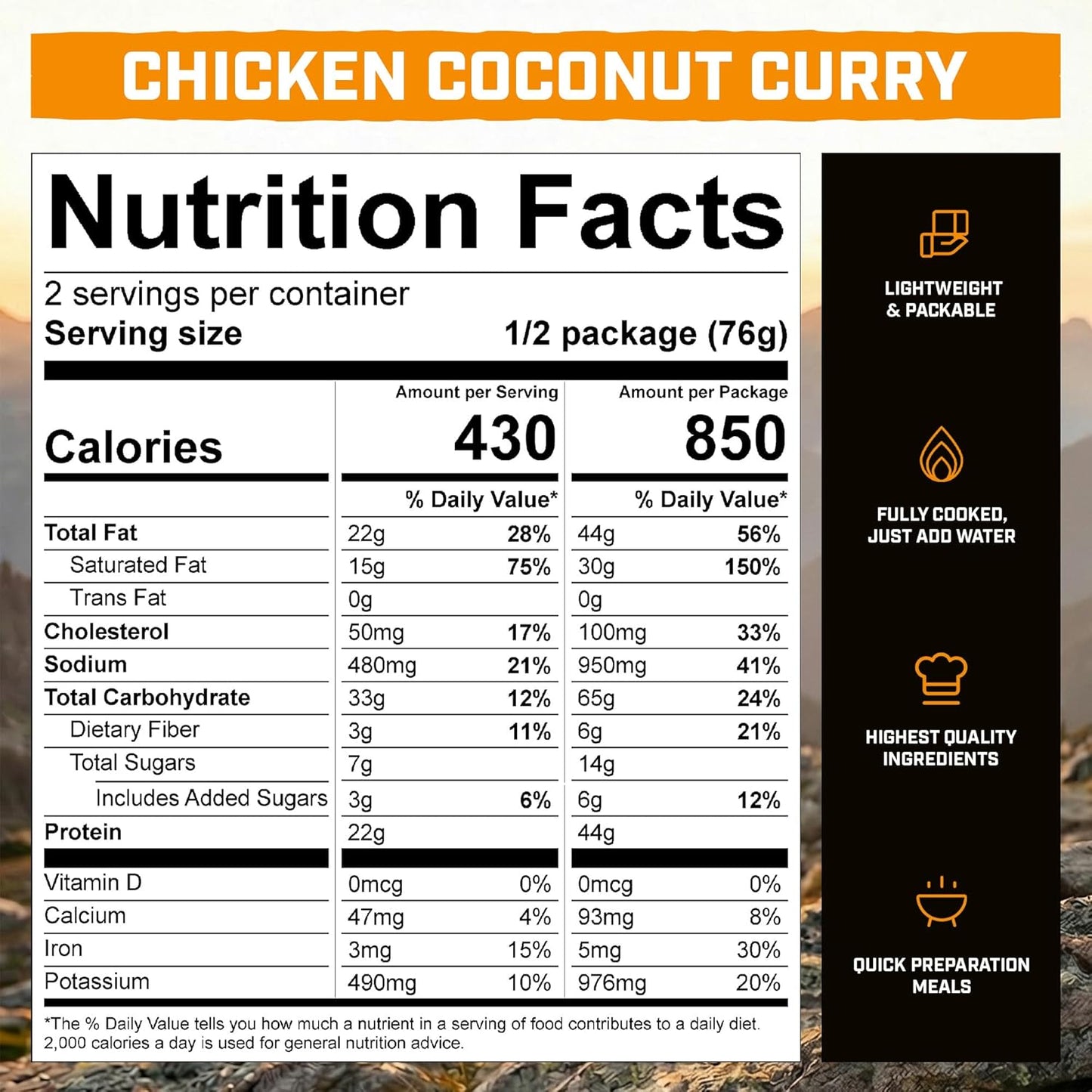 Peak Refuel Chicken Coconut Curry - High Protein Freeze-Dried Camping Food | Quick Prep | 2 Servings