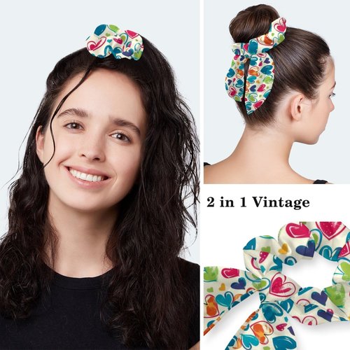 Women’s Working Cap Scrub Hats with Bow Scrunchies, Hearts Love Patterns Bouffant Surgical Cap Ponytail Holder