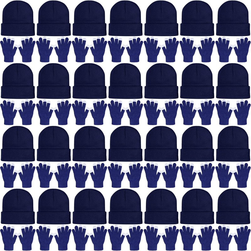 SATINIOR 56 Pcs Bulk Winter Beanie Hat Gloves Sets for Homeless Men Women Touchscreen Gloves Knit Cuffed Skull Cap Care Adult(Navy Blue)