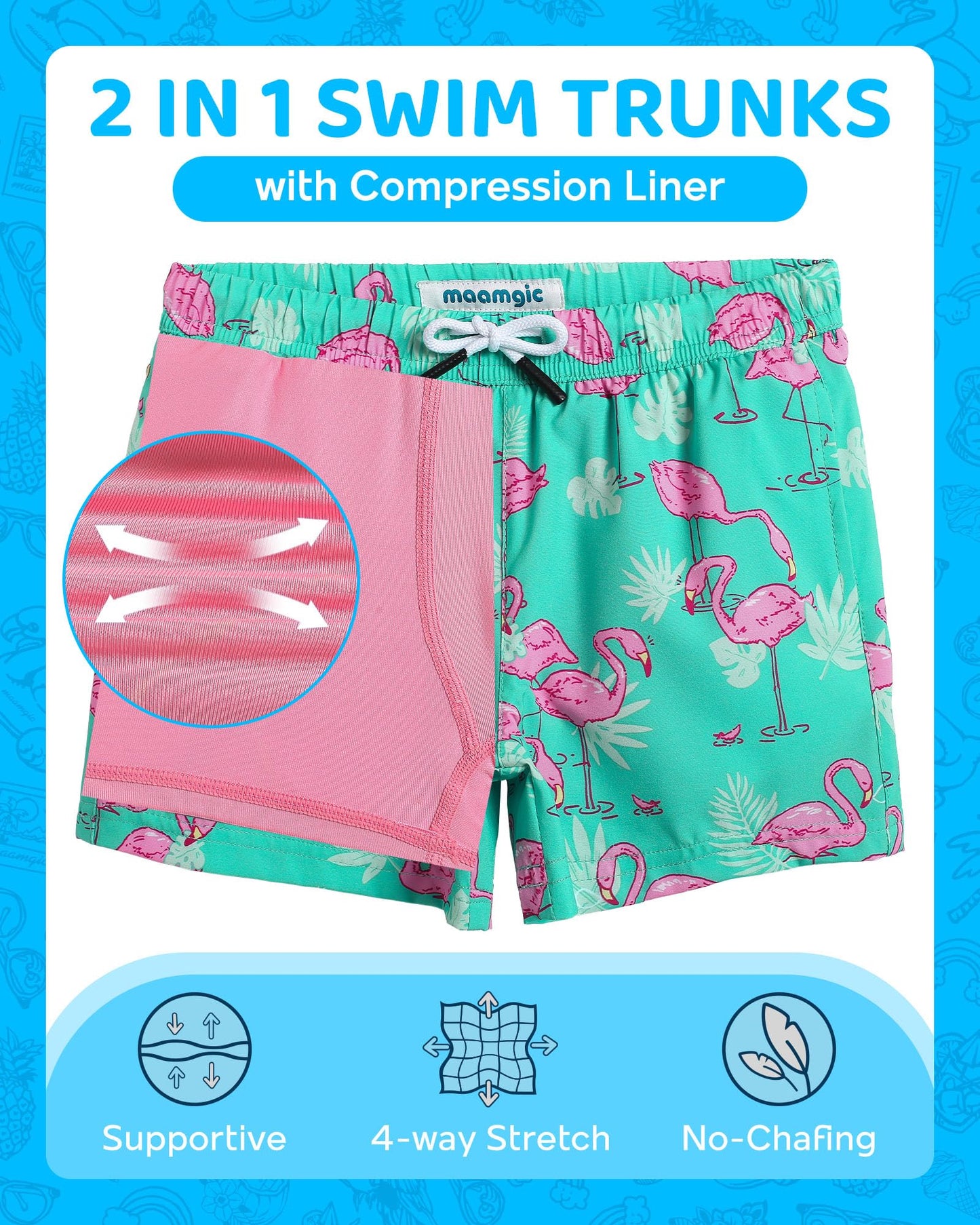 maamgic Boys Swim Trunks with Compression Liner Toddler Boy Swimsuit Quick Dry 4-Way Stretch Swimming Trunks Cute Flamingo Green 8 Years