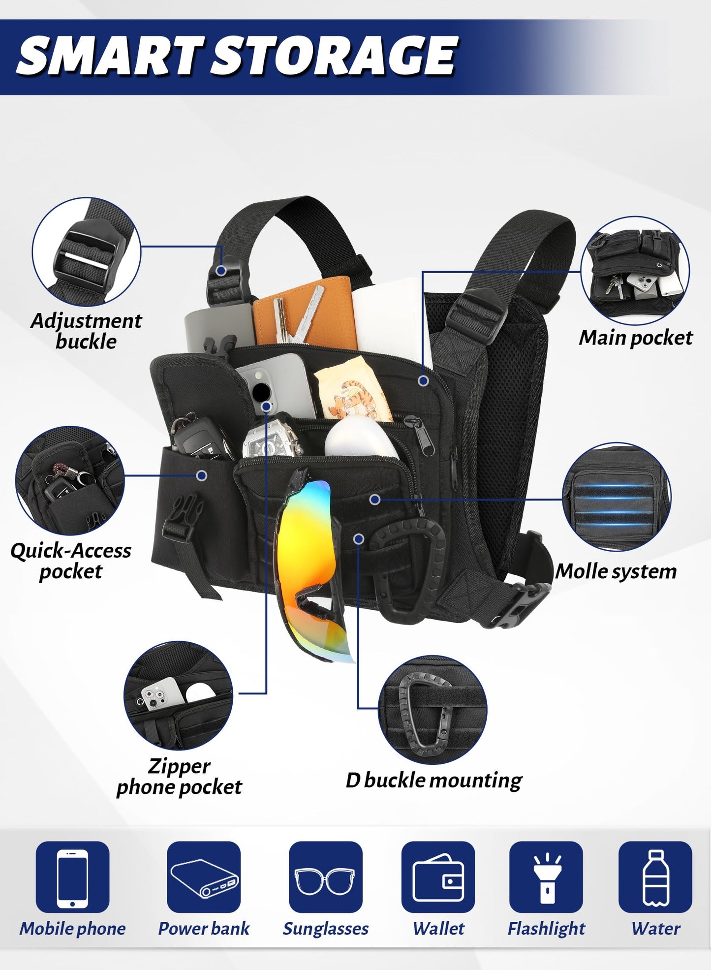 Chest Bag for Men Women, Running Chest Pack for Outdoor Sport, Reflective Lightweight Utility Front Chest Backpack Vest for Workouts, with Phone Window for Jogging Skiing Cycling Marathon (Black)