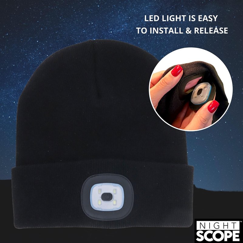 Night Scope Classic LED Rechargeable Knit Beanie Warm Head Light Hat Headlamp for Outdoor Activities - Black