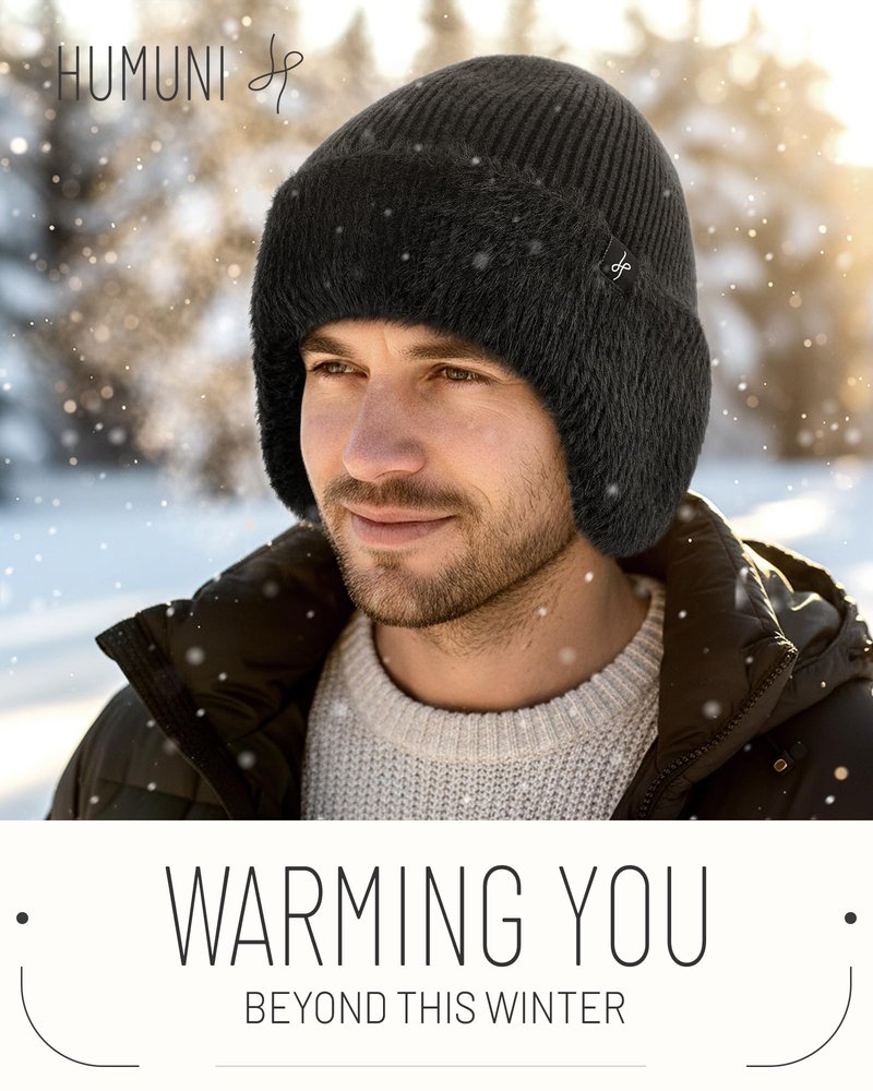HAMUNI Winter Fleece-Lined Beanie with Earflaps, Warm Windproof Unisex Beanie Hat for Skiing, Hiking & Outdoor Winter Sports Pitch Black