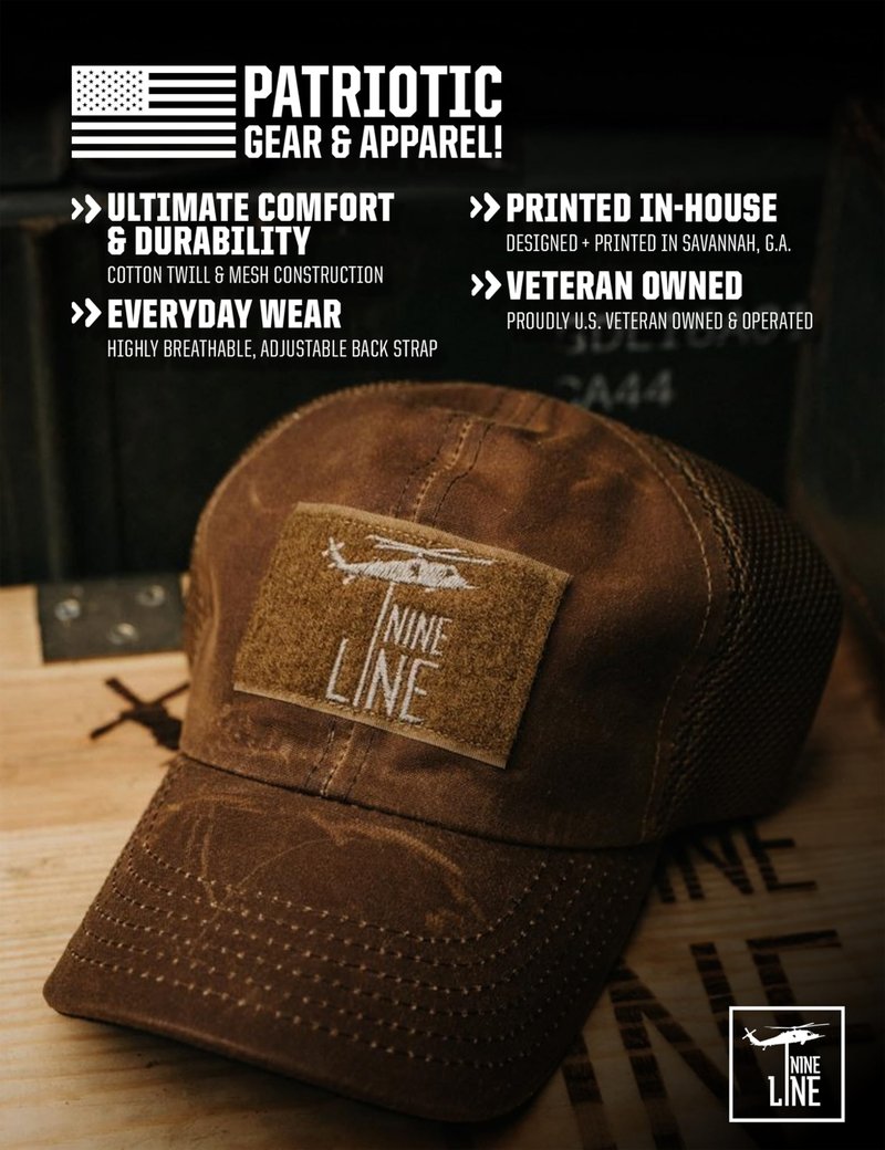 Nine Line Tan Mesh Back Hat with Dropline Logo, Adjustable Trucker Baseball Cap, Embroidered American Flag, Unisex Hat, USA Made